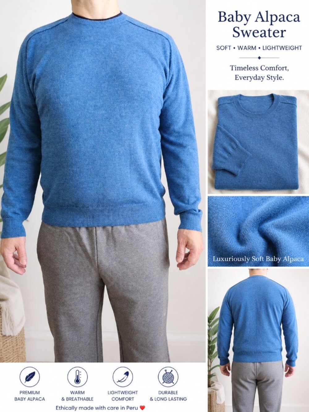 NWT SOL ALPACA PERUVIAN Men's  Sweater Blue Crew Neck- 100 % Baby Alpaca